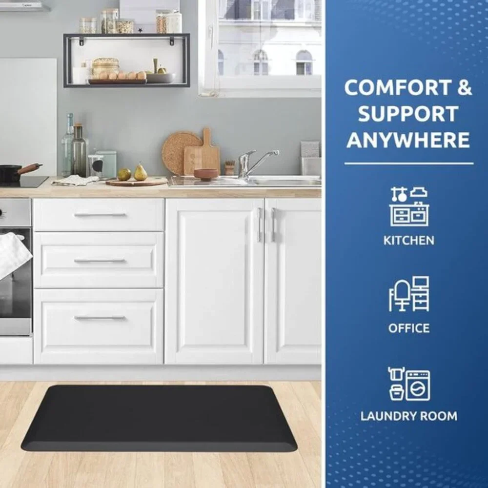 New 17.3x28In Cushioned Anti-Fatigue Kitchen Mat, Non-Slip Waterproof Black Rug